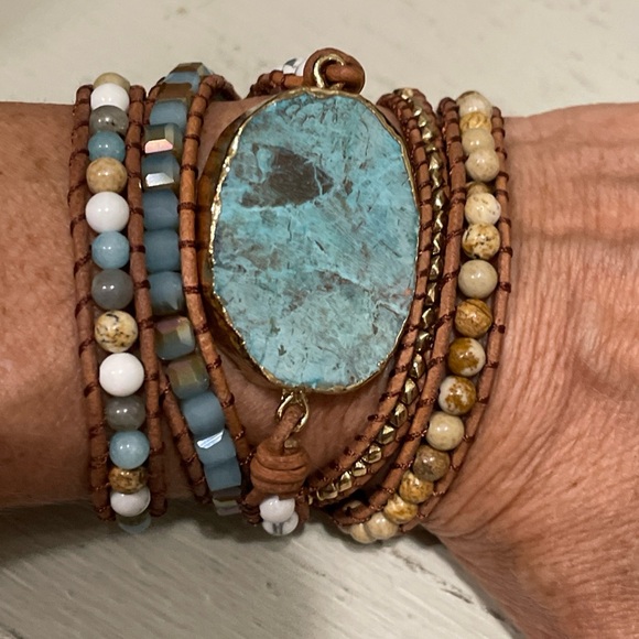 Aria Lattner Beaded Brown Wrap Bracelet with Turquoise Reversible Stone - Picture 1 of 2